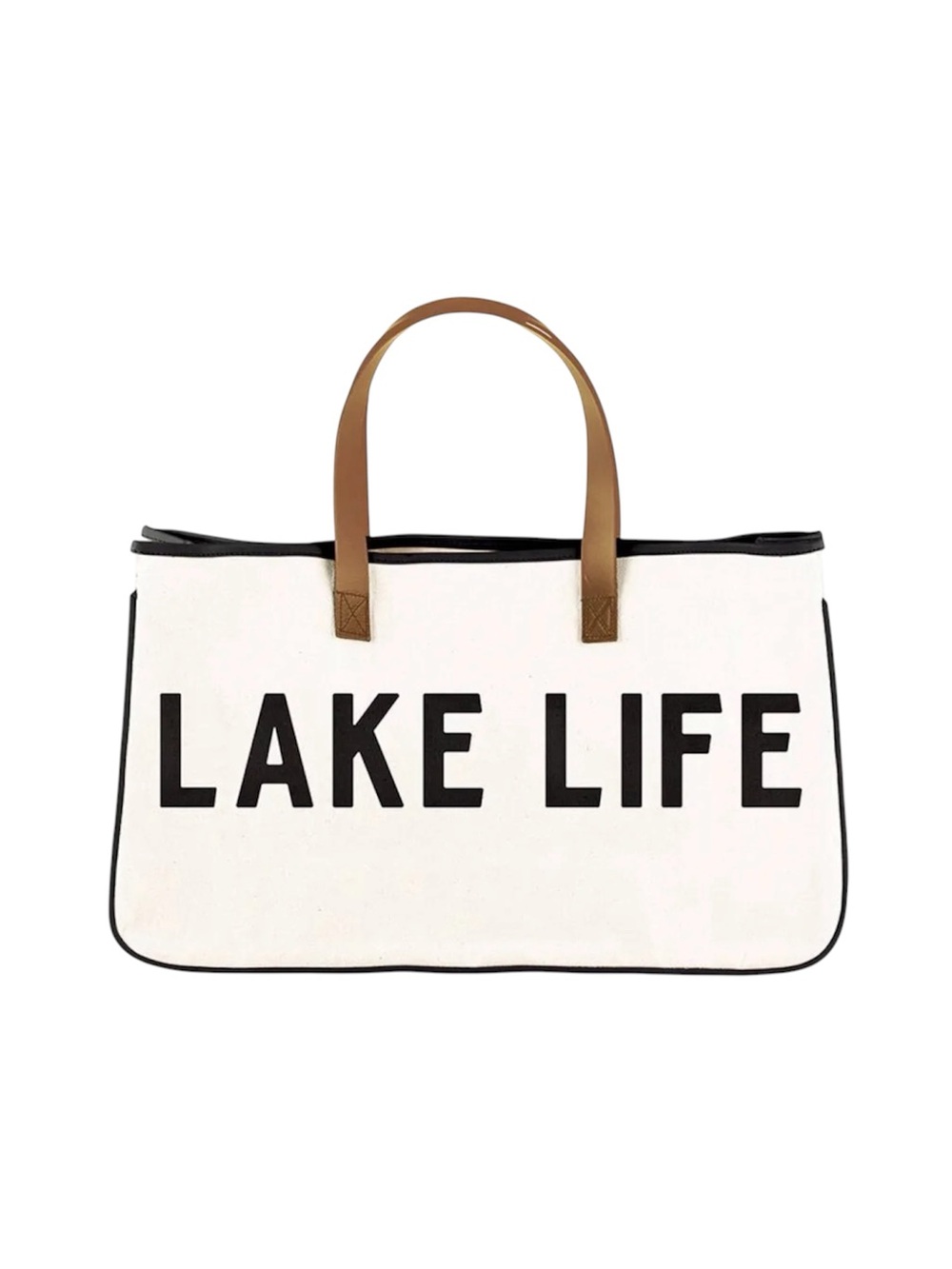 Large White Canvas 'Lake Life' Tote Bag with Tan PU Leather Handles
